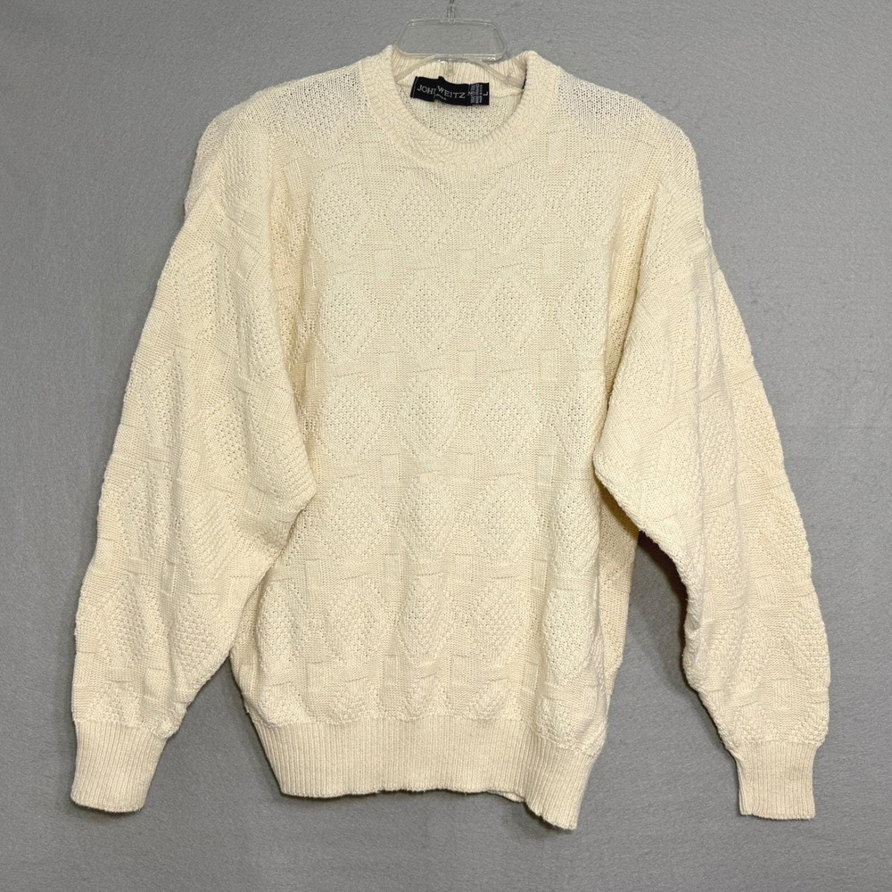 John Weitz Sweater Mens L Cream Textured‎ Knit Cotton Grandpa Core Vintage 90s